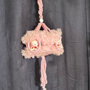 Vintage 70s handmade macrame fuzzy pink elephant hanging toy